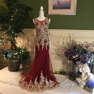 Burgundy red with gold embroidered mermaid style prom gown dress